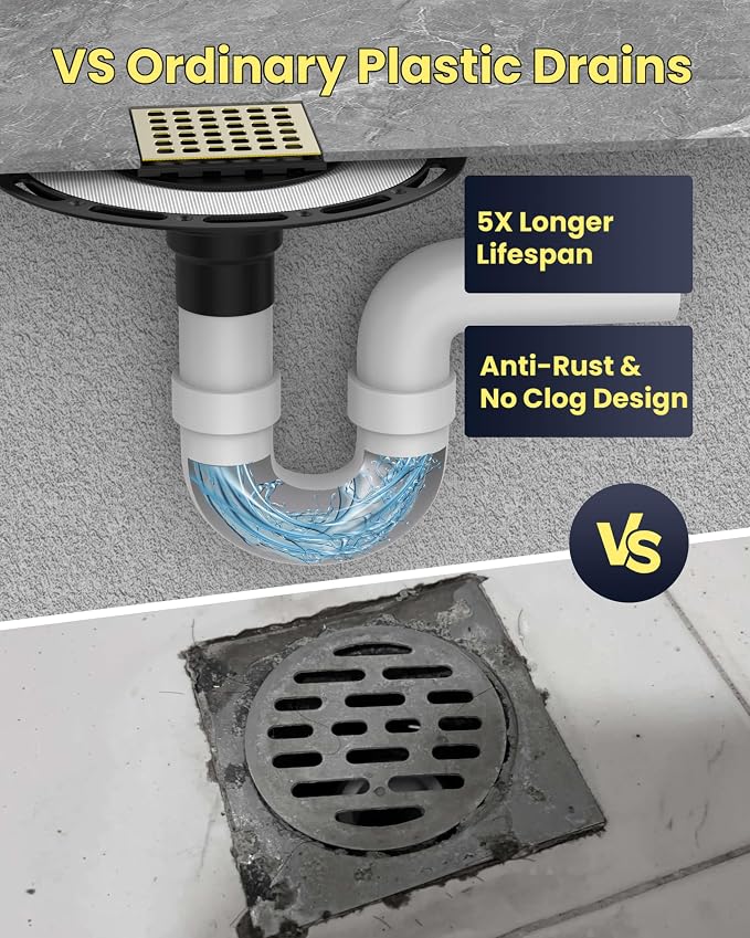 4" Shower Drain Kit Compatible with Schluter Kerdi, Premium 304 Stainless Steel Flange System, Exact Fit Alternative for Tile Floors, Includes Hair Strainer & Grate Opener, Brushed Gold