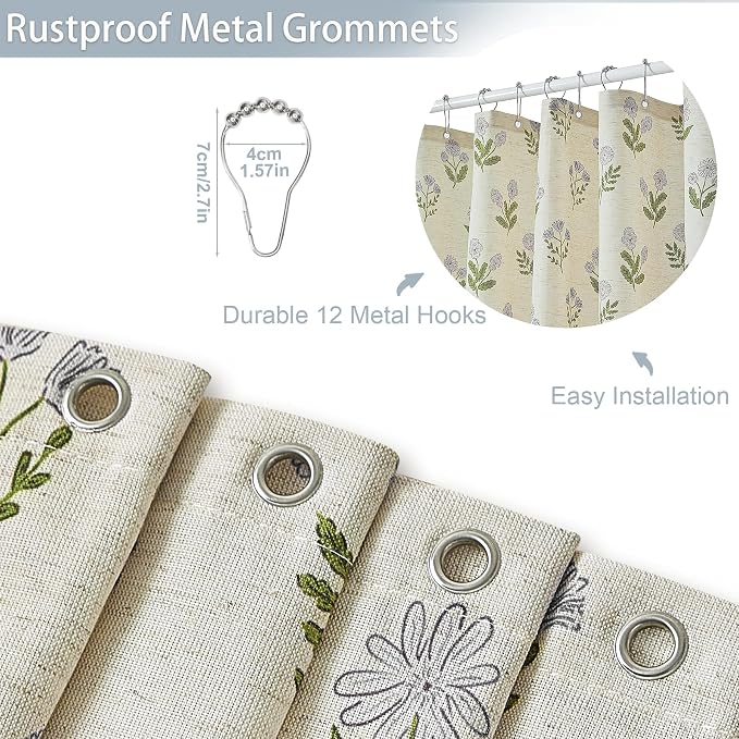 ORTIGIA Linen Textured Ruffle Shower Curtain 72x72 Inch with Metal Hooks, Vintage Blue Green Floral Flowers Block Print Boho Waterproof Bath Curtain for Rustic Farmhouse Bathroom Decor