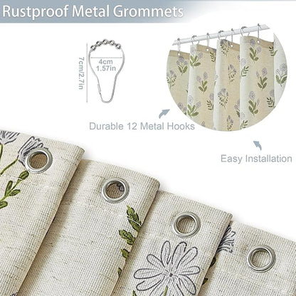 ORTIGIA Linen Textured Ruffle Shower Curtain 72x72 Inch with Metal Hooks, Vintage Blue Green Floral Flowers Block Print Boho Waterproof Bath Curtain for Rustic Farmhouse Bathroom Decor
