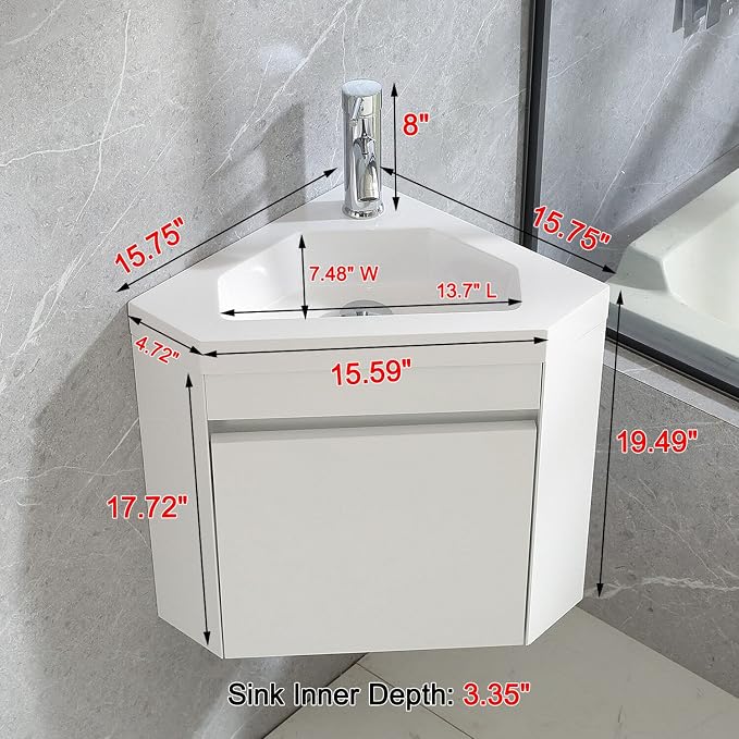 wonline 16" Corner Bathroom Vanity Sink Combo for Small Space Wall Mounted Cabinet Set Design White Resin Basin Sink Top Chrome Faucet and Drain