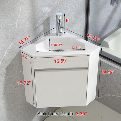 wonline 16" Corner Bathroom Vanity Sink Combo for Small Space Wall Mounted Cabinet Set Design White Resin Basin Sink Top Chrome Faucet and Drain