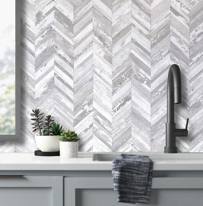 DICOFUN Herringbone Peel and Stick Backsplash, Vintage White Wood Look PVC Stick on Backsplash for Kitchen and Bathroom, 1 Sheet