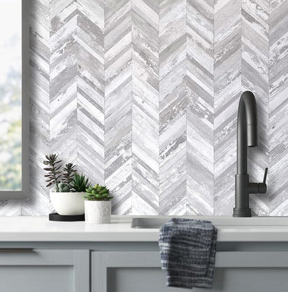 DICOFUN Herringbone Peel and Stick Backsplash, Vintage White Wood Look PVC Stick on Backsplash for Kitchen and Bathroom, 1 Sheet
