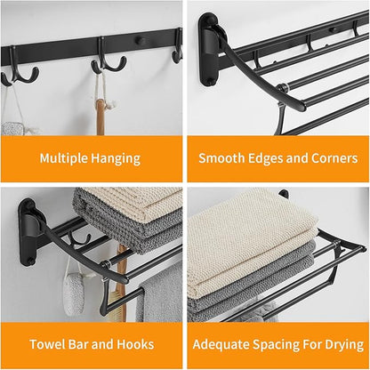 BESy 24 Inch Matte Black Towel Racks, Bathroom Towel Shelf with Foldable Towel Bar Holder and Towel Hooks, Wall Mounted Multifunctional Bathroom Accessories, Double Towel Bars