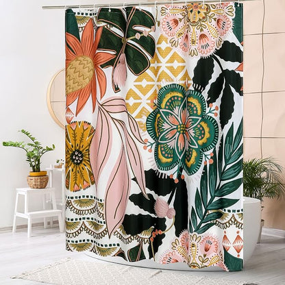Boho Floral Shower Curtain, Pink Botanical Fabric Curtain, 72 x 72 | Boho Chic Floral, Vintage Botanical, Modern Farmhouse, Eclectic Rustic, Colorful Flowers, Fabric Shower Curtain