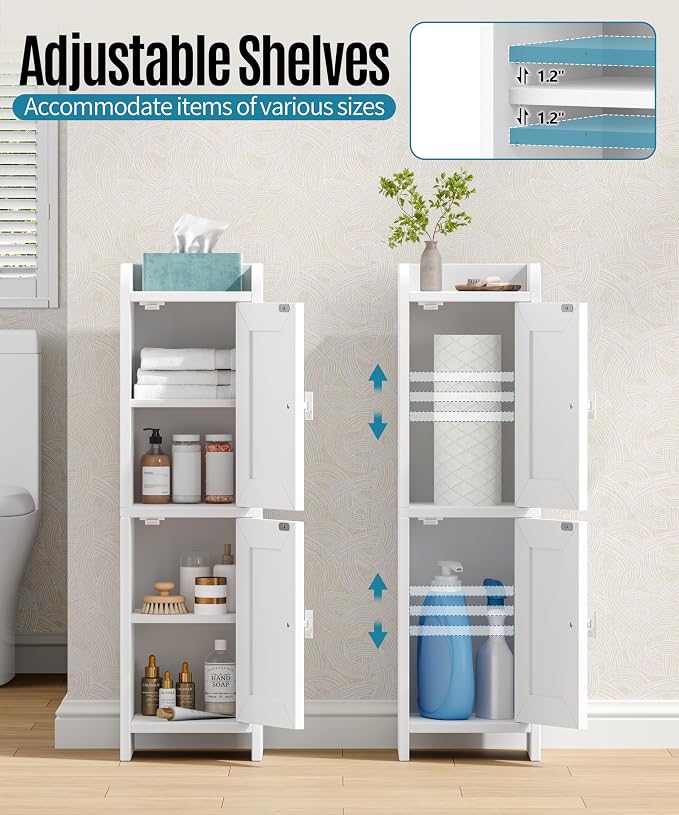 Akxomel Rattan Small Bathroom Cabinet Narrow Toilet Paper Organizer White | 7.9''D x 7.9''W Bathroom Organizer and Storage Cabinet for Small Space, Slim Corner Unit with Adjustable Shelf