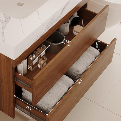 30 inch Modern Floating Bathroom Vanity with Ceramic Sink and Faux Marble Countertop, Wall-Mounted Bathroom Sink Cabinet with 2 Soft Closing Drawers for Bathroom, Powder Room, Apartment, Walnut