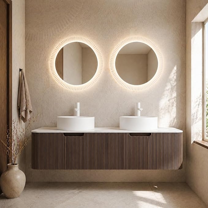 60 Inch Double Sink Bathroom Vanity, Floating Wall Mounted Cabinet, Dark Walnut Curved Fluted Front, Stone Top, Dual Pure White Round Vessel Basins, Pre-Assembled