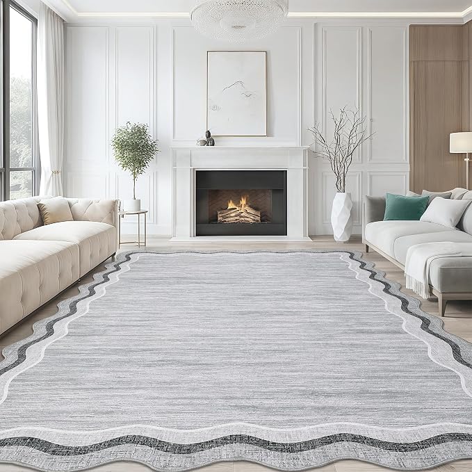Garvee Scalloped Rug 10x13 Washable Area Rug for Living Room Grey | Rugs for Living Room, Non-Slip Soft Carpet for Bedroom, Scalloped Low-Pile Solid Rug Accent Rug for Dining Room Home Office