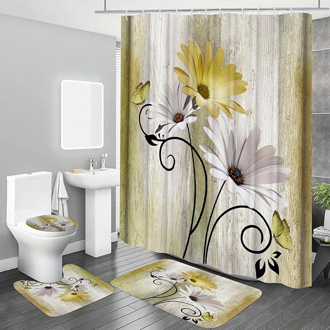 Onalasyc 4PCS Yellow Daisy Bathroom Sets with Shower Curtain and Rugs | Country Floral Butterfly Shower Curtain Set,Modern Bathroom Decor Shower Curtains Set with Rugs Toilet Lid Cover and 12 Hooks