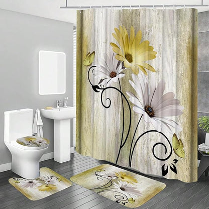 Onalasyc 4PCS Yellow Daisy Bathroom Sets with Shower Curtain and Rugs | Country Floral Butterfly Shower Curtain Set,Modern Bathroom Decor Shower Curtains Set with Rugs Toilet Lid Cover and 12 Hooks