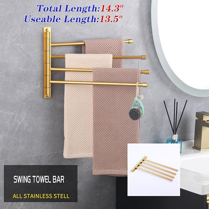 GERZWY Wall Mount Bath Towel Rack with 4 Arms Hanger Towel Holder Bathroom Swing Arm Towel Bars Organizer Stainless Steel Gold Finished HYG04-BE