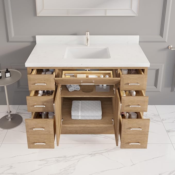 Capri III 48" Single Sink Bathroom Vanity With Stealth Organizer, Solid Wood Bathroom Cabinet with Engineered Stone Countertop & Backspalsh, Soft Closing Door & Drawer, Pre-Assembled, Weathered Oak