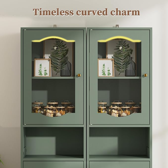 66.4" Tall Bathroom Storage Cabinet with Adjustable Shelves and Glass Doors, Anti-Tipping Narrow Cabinet, Linen Cabinet for Bathroom, Kitchen, Living Room, Olive Green