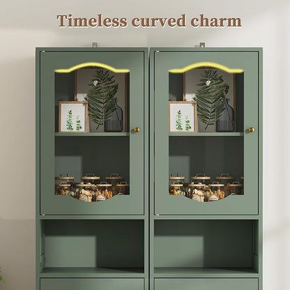 66.4" Tall Bathroom Storage Cabinet with Adjustable Shelves and Glass Doors, Anti-Tipping Narrow Cabinet, Linen Cabinet for Bathroom, Kitchen, Living Room, Olive Green