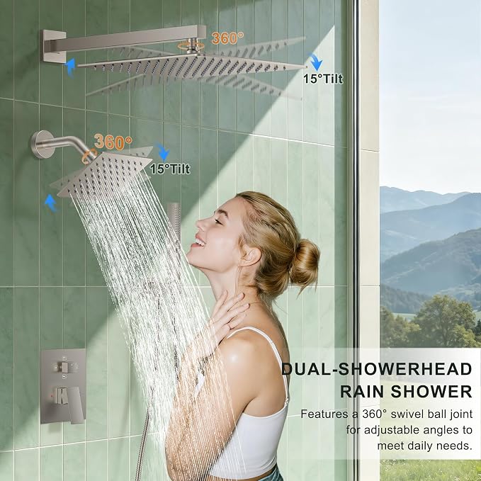 Rain Shower System with Rough-in Valve, Wall Mount Shower Faucet Set with 12" & 6" Dual Rain Shower Heads, 2-in-1 Handheld Shower, Tub Spout, 4-Function Complete Shower Fixture, Brushed Nickel