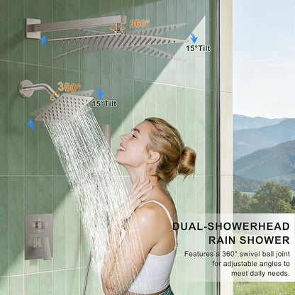 Rain Shower System with Rough-in Valve, Wall Mount Shower Faucet Set with 12" & 6" Dual Rain Shower Heads, 2-in-1 Handheld Shower, Tub Spout, 4-Function Complete Shower Fixture, Brushed Nickel