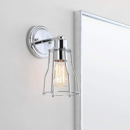 JONATHAN Y 5.13" Chrome Modern Industrial Metal Vanity Light, Bathroom Sconce for Mirror, Reversible 1-Light Wall Lamp with Metal Cage Shade for Hallway, LED Bulb Included JYL7415A
