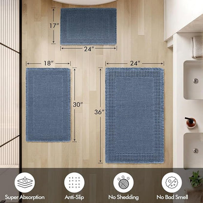 MIULEE Set of 2 Waffle Bathroom Rugs Bordered Bath Mat Blue 18x30 Inch | Non Slip, Super Absorbent, Washable, Ultra Soft, Rubber Backed Bath Rugs for Bathroom Floor Tub and Shower, Boho Decor