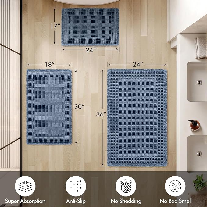 MIULEE Set of 2 Waffle Bathroom Rugs Bordered Bath Mat Blue 17"x24"+18"x30" | Non Slip, Super Absorbent, Washable, Ultra Soft, Rubber Backed Bath Rugs for Bathroom Floor Tub and Shower, Boho Decor