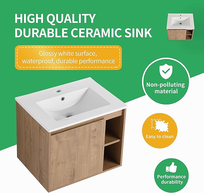 24 Inch Bathroom Vanity with White Sink Combo,Wall-Mounted Bathroom Vanity 1 Door&Right Side Shelf for Small Space, Modern Floating Bathroom Cabinet with Top Basin,Brown