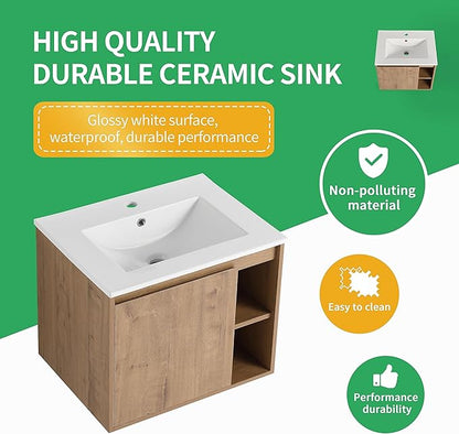 24 Inch Bathroom Vanity with White Sink Combo,Wall-Mounted Bathroom Vanity 1 Door&Right Side Shelf for Small Space, Modern Floating Bathroom Cabinet with Top Basin,Brown