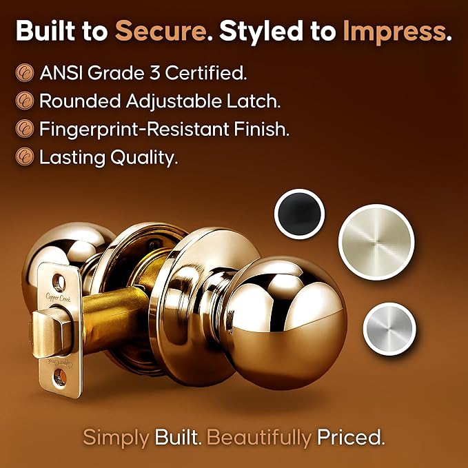 Copper Creek Passage Interior Door Knob – ANSI Grade-3 Certified, Modern Heavy Duty Handle, Easy Install and Reversible for Bedroom, Bathroom & Closets – Polished Brass (1 Pack)