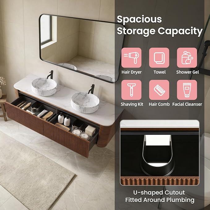 72" Floating Bathroom Vanity with Carrara Finish Sink, Walnut | Pre-Assembled Fluted Wall Mounted Double Sink Vanity with Sintered Stone Countertop, Soft-Close Drawers & Towel Rack