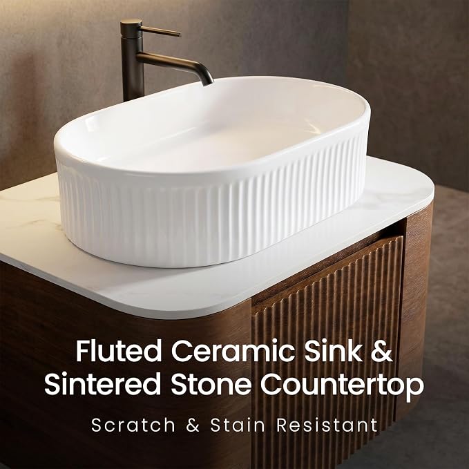 24" Preassembled Floating Bathroom Vanity with White Sink, Walnut | Mid-Century Modern Style, Fluted & Soft-Close Drawer with U-shaped Wall, Sinterted Stone Countertop, Towel Rack Included