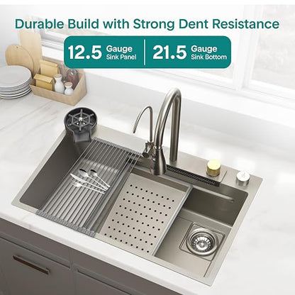 SereneLife Stainless Steel Kitchen Sink | Undermount & Drop-In Installation |13 Gauge & 30"L x 18"W x 9"H IN | Includes Faucet, Drain Rack, Strainer Basket, Cutting Board & Cup Washer | Gray