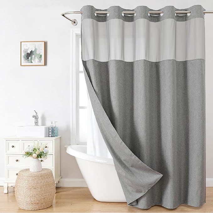 eachope No Hook Linen Texture Shower Curtain with Snap-in Liner,71x80 Grey | 230GSM Thick Fabric,Hotel Luxury Decor,Mesh Top Window,Magnetic Weighted Hem,Waterproof & Machine Washable,for Bathroom