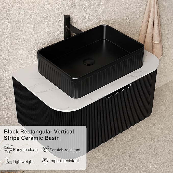 30'' Floating Bathroom Vanity with Sink, Natural Solid Wood Modern Bathroom Vanities with Rectangular Ceramic Basin and Marble Top, Soft-Close Drawer, Pre-Assembled, Black