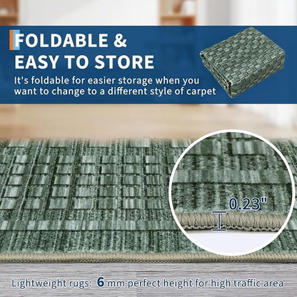 Washable Rugs 8 x 10 Rug for Living Room Modern Green Bedroom Rug Checkered Farmhouse Plaid Large Area Rug Non Slip Throw Rugs Soft Low Pile Stain Resistant Carpet for Nursery 8'x10' Green
