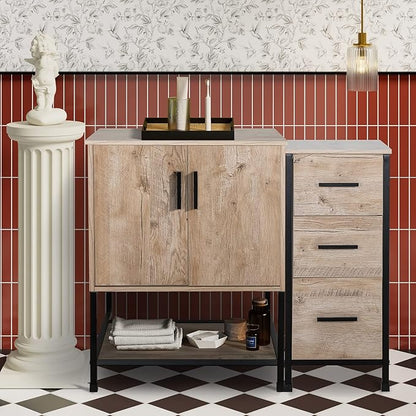 UEV 36" Bathroom Vanity Set, Oak Color Bathroom Vanity Set with 3 Drawers Side Cabinet Combo (Without Sink)