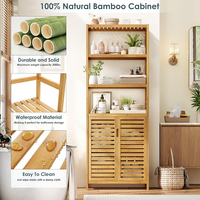 6-Tier Bamboo Book Shelves with 2 Door, Tall Bathroom Storage Cabinet | Freestanding Natural Bamboo Cabinet, 67" Tall Cabinet w/Plant Stand for Home Office, Living Room, Kitchen Dining,Balcony,2PCS