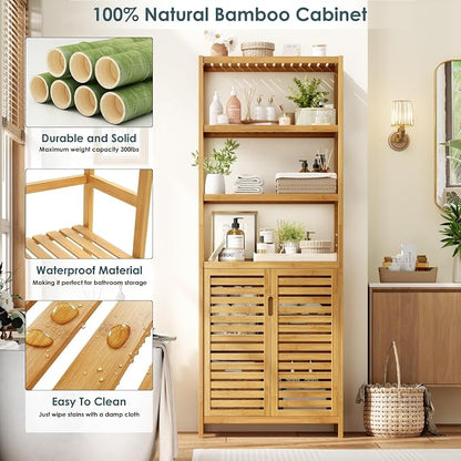 66" Tall Bathroom Storage Cabinet, Natural Bamboo Cabinet, for Narrow | Bathroom Floor Cabinet with 2 Doors & 4-Tier Open Shelves, Corner Freestanding Organizer Unit for Bath, Living Room, Entryway