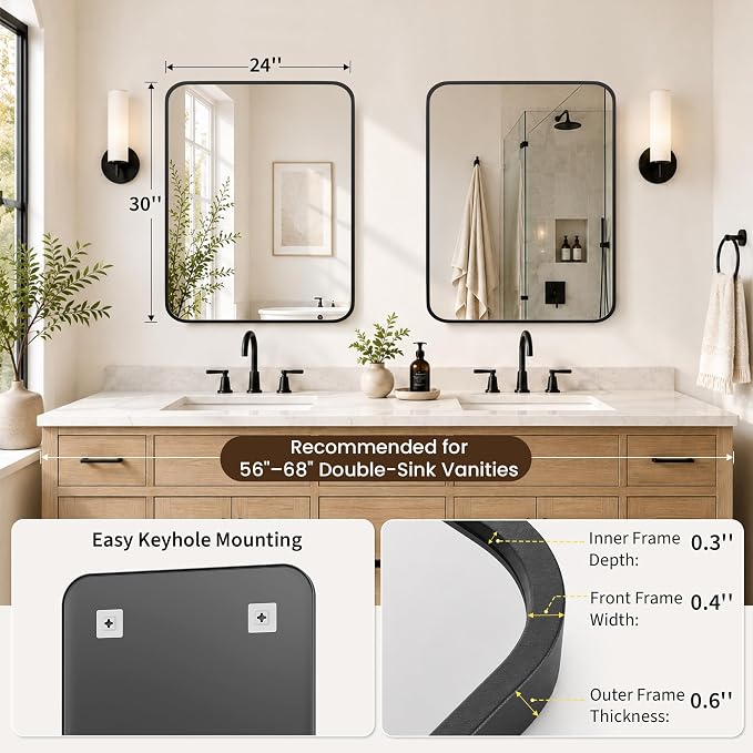 2-Pack 24x30 Inch Matte Black Rounded Rectangle Vanity Mirrors | Double Vanity or Two Bathrooms, Pair or Separate Use, Iron Frame, Layered Shadow Box Look, Two-Way Mount