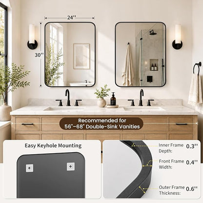 2-Pack 24x30 Inch Matte Black Rounded Rectangle Vanity Mirrors | Double Vanity or Two Bathrooms, Pair or Separate Use, Iron Frame, Layered Shadow Box Look, Two-Way Mount