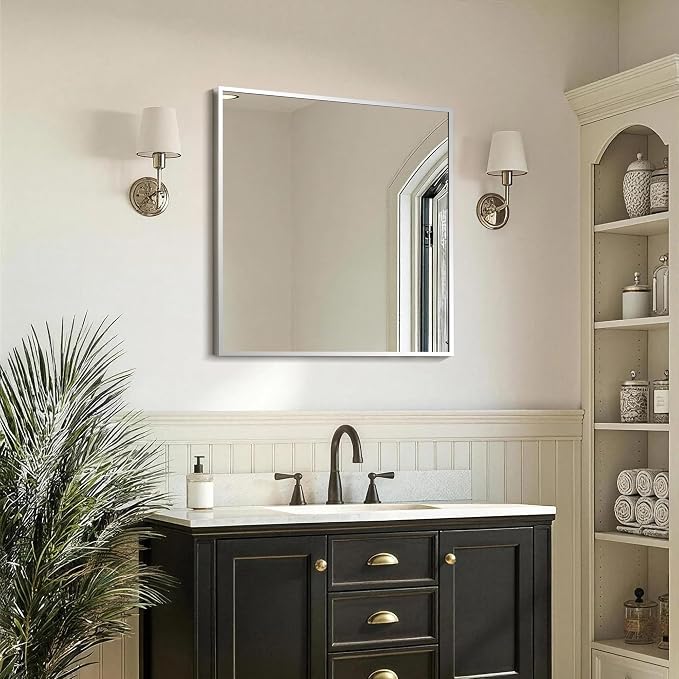 FICTOR Bathroom Vanity Mirror for Over Sink, 30" x 30", Silver | Anti-Rust Frame, Shatterproof Tempered Glass, Vertical/Horizontal Wall Mounted Mirror for Bedroom, Entryway, Living Room