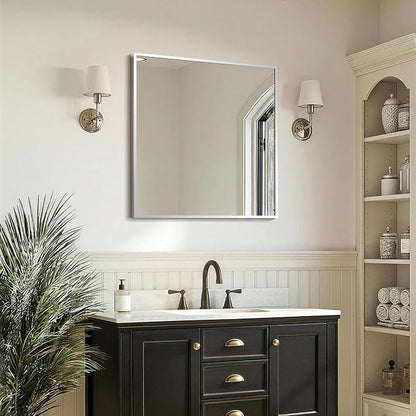 FICTOR Bathroom Vanity Mirror for Over Sink, 30" x 30", Silver | Anti-Rust Frame, Shatterproof Tempered Glass, Vertical/Horizontal Wall Mounted Mirror for Bedroom, Entryway, Living Room