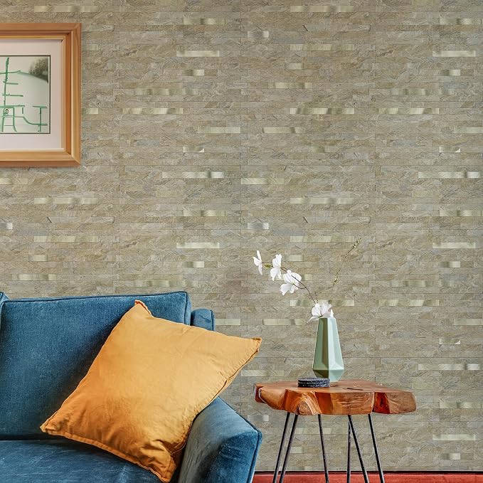 StyloVue 20 Sheets Peel and Stick Backsplash for Kitchen, Sandstone with Metal Gold Look Stick on Tile Upgrade Your Kitchen Backsplash, RV, Fireplace