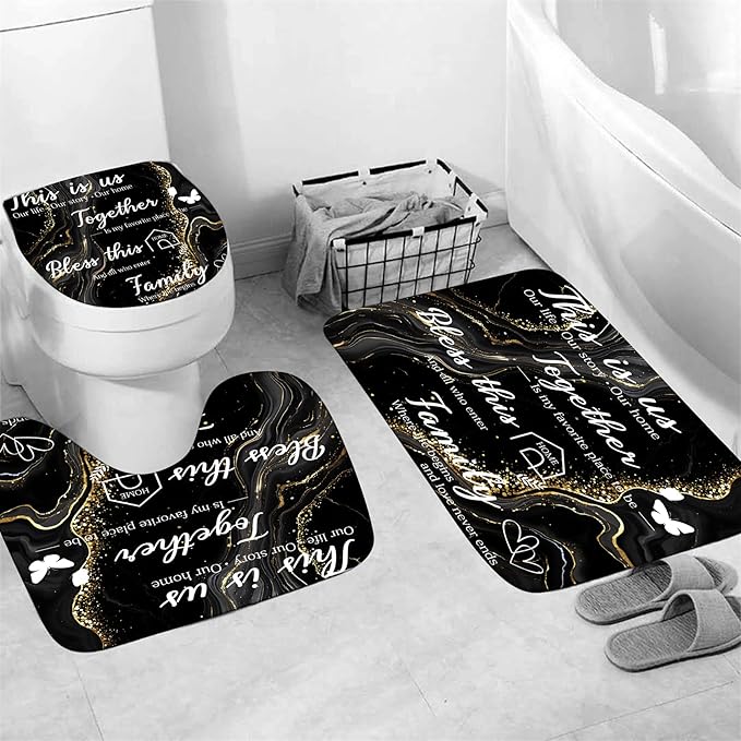 AZHM Family Shower Curtain Set Black Home Bathroom Set with Shower Curtain and Rugs and Accessories Marble Background Bathroom Decor with 12 Hooks