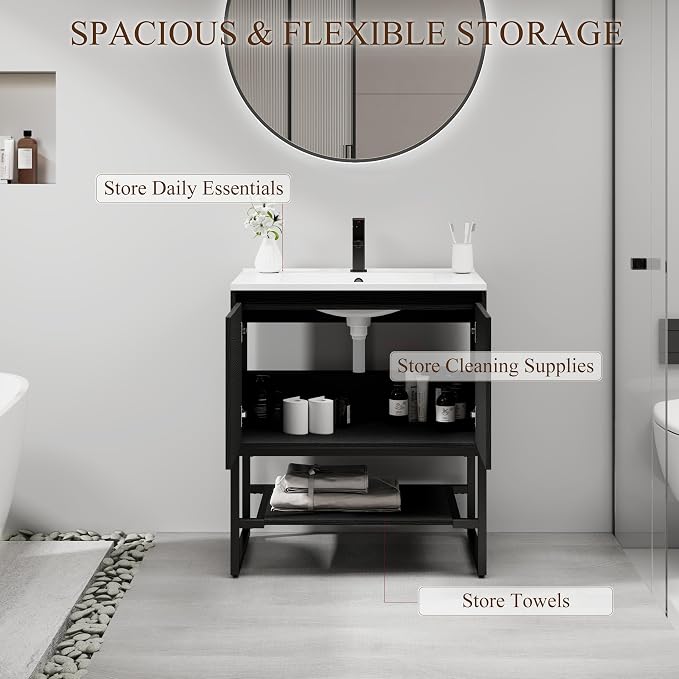 LUCKWIND 30" Modern Bathroom Vanity with Single White Sink Combo, Freestanding Storage Cabinet with Metal Frame, Matte Black Faucet and Open Shelf and 2 Soft-Closing Door, Black