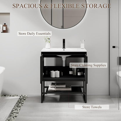 LUCKWIND 30" Modern Bathroom Vanity with Single White Sink Combo, Freestanding Storage Cabinet with Metal Frame, Matte Black Faucet and Open Shelf and 2 Soft-Closing Door, Black