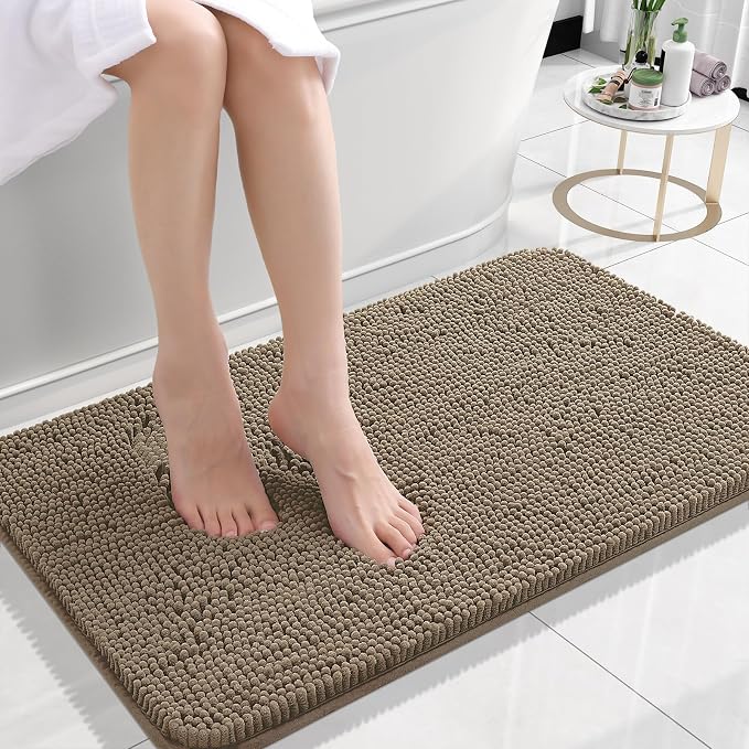 OLANLY Small Bathroom Rugs 24x16, Extra Soft Absorbent Chenille Bath Rugs | Tan, Quick-Drying Rubber Backing, Machine Washable Bath Mat for Bathroom Floor, Tub and Shower, Home Decor Accessories