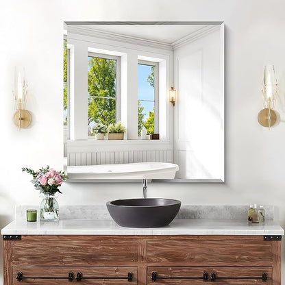 KOCUUY Beveled Mirror, 30x30 Inch Square Frameless Bathroom Mirror for Over Sink, Upgraded Shatterproof Beveled Unframed Design Mirror for Bathroom, Bedroom, Entryway, Hang Horizontal/Vertical