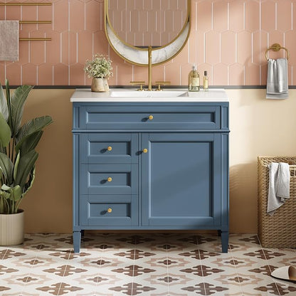 Merax 36 Inch Bathroom Vanity with Top Sink, Modern Bathroom Storage Cabinet with 2 Drawers and a Tip-Out Drawer, Solid Wood Frame Single Sink Bath Vanities, Indigo Blue