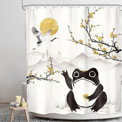 LGhtyro Funny Frog Shower Curtain Bathroom Set 60Wx71H Inches Asian Style Traditional Japanese Golden Plum Blossom Landscape Scenery Bath Accessories Sun Mountain Art Home Decor Fabric 12 Pack Hooks