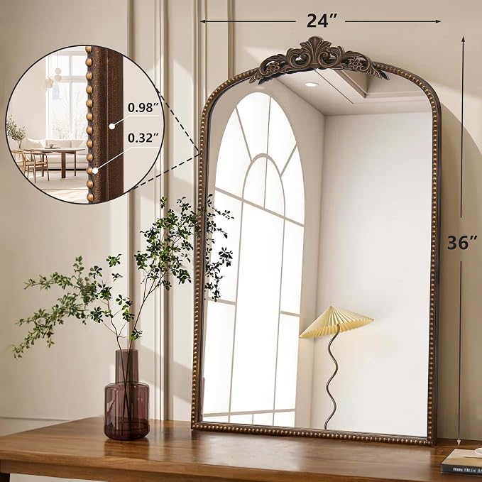 Micasso Bathroom Mirror for Over Sink: 24"x36" Bronze Vintage Arched Mirror | Traditional Ornate Baroque Decorative Antique Wall Mirror for Bedroom/Entryway/Hallway/Dresser/Vanity/Mantel/Nightstand