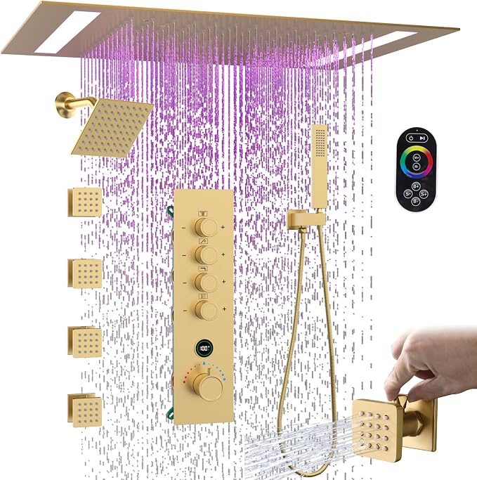 Luxury Thermostatic Digital Dual Heads Shower System Brushed Gold Full Bdoy Spray Shower Faucet Set with 20x14in LED Rainfall Showerhead and 6in Wall Shower, 4 Body Jets with Shut-off, Brass Handheld